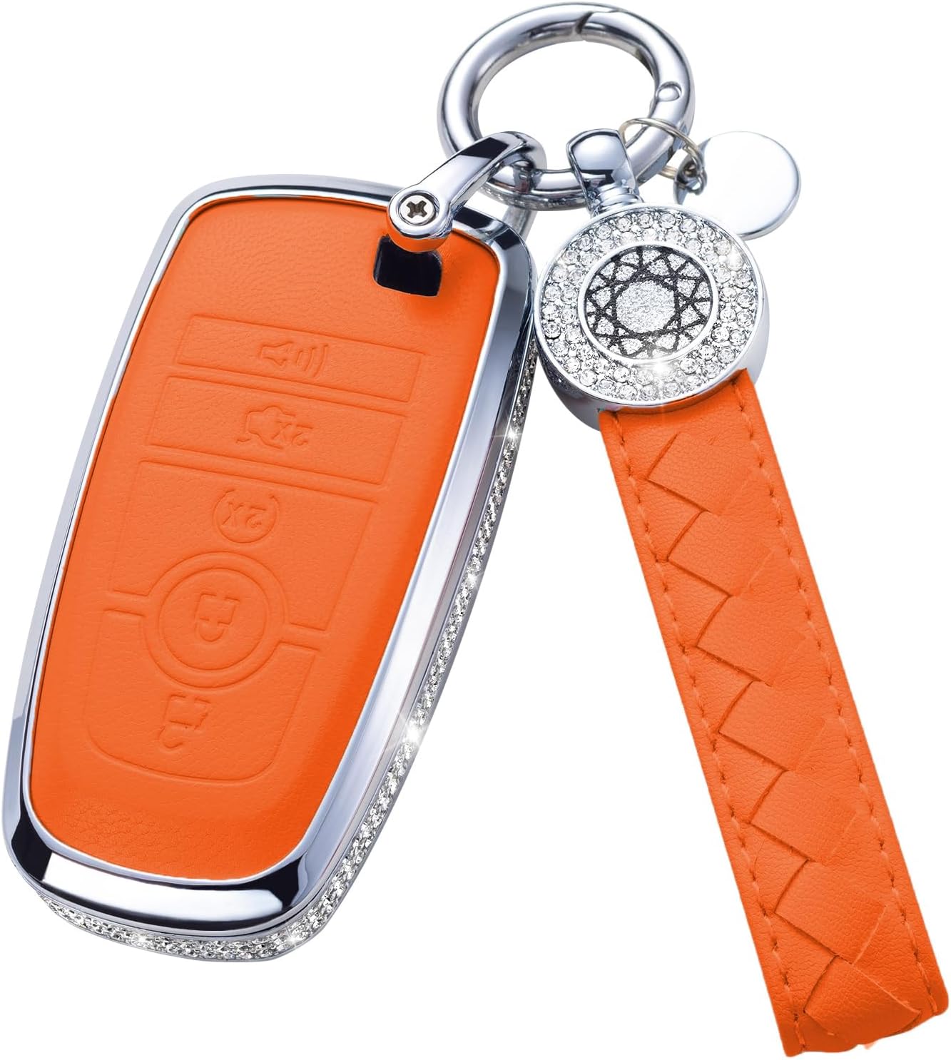 for Volvo Key Fob Cover with Keychain, Orange Leather Rhinestone Key Case Protection Shell Compatible with XC90, XC60, XC40, S60, S90, V60, V90, Polestar 1, Polestar 2 Bling Car Accessories