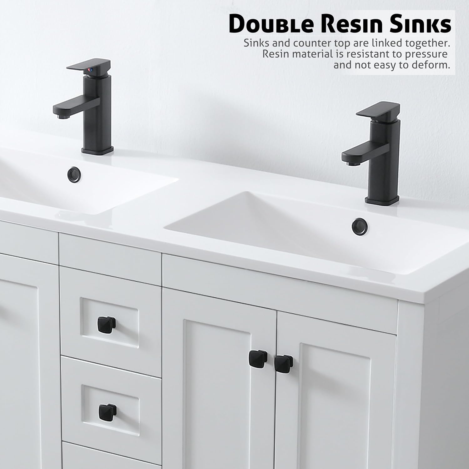 Close-up of the LUCKWIND 48-inch Bathroom Vanity's double resin sinks and matte black faucets.