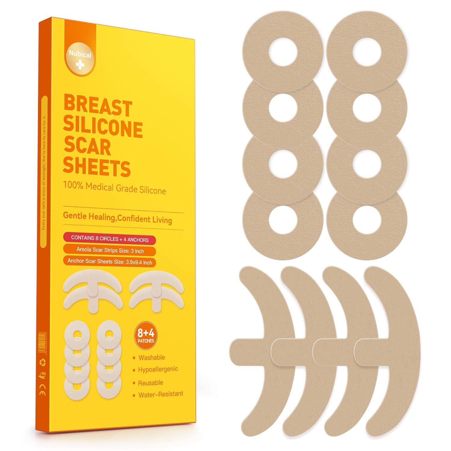 Including 8 Areola Soft Strips & 4 Anchor Sheets, Silicone Scar Sheets for Breast - Medical Grade Breast Silicone Scar Tape Patches for Surgical Scars