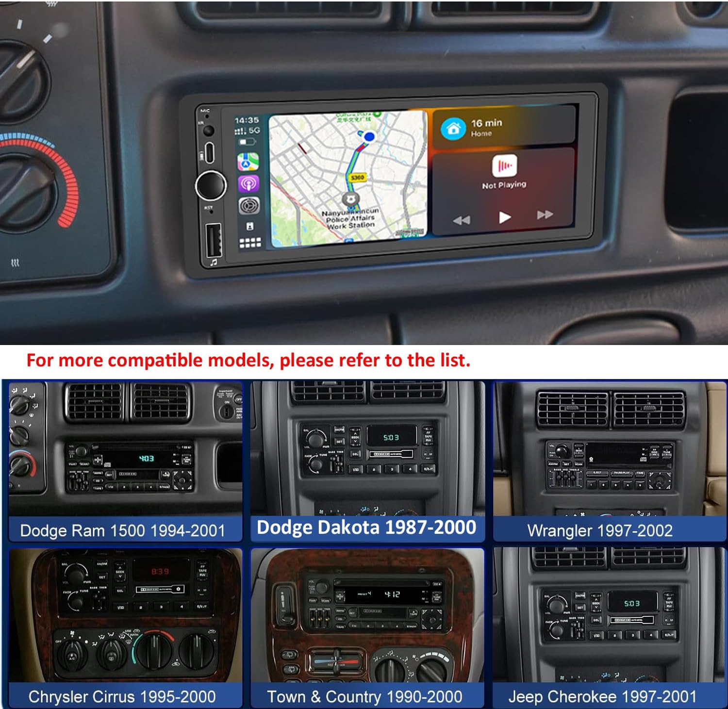 Car Stereo Radio with GPS Navi Carplay Android Auto for 1994-2001 Dodge Ram 1500 2500 3500 Avenger Durango/Caravan Dakota 1984-2000/Jeep Cherokee Wrangler 1997-2002/Chrysler Cirrus 1995-2000