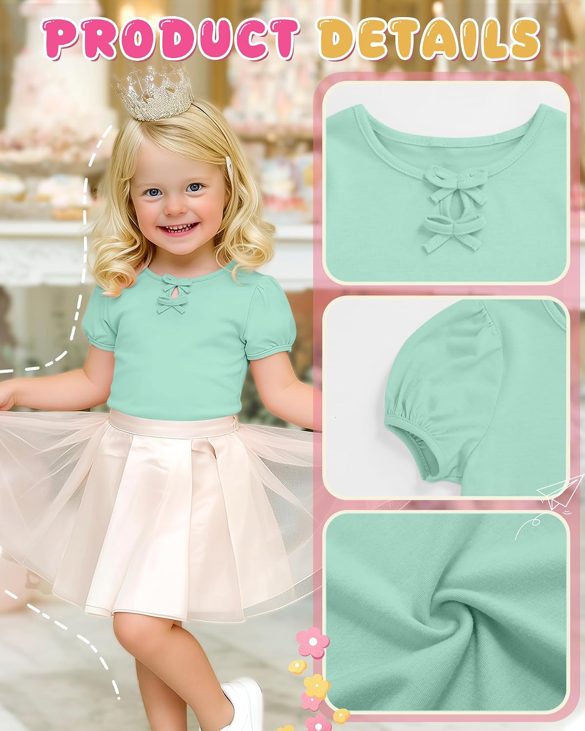 3 Pack Toddler Girl Shirts Puff Short Sleeve Crew Neck Tops Baby Cute Basic Soft Blouse Size 18M- 5T