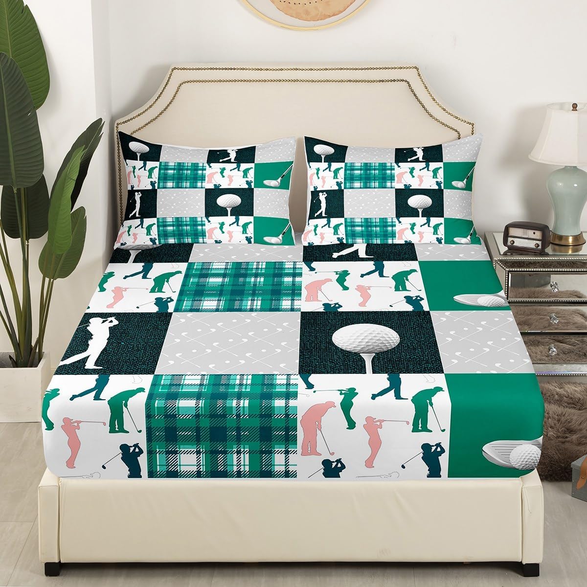 Ball Sports Bedding Set Twin Size,Golf Themed Lover Style Fitted Sheet for Kids Boys Bedroom,Green Navy Buffalo Grid Geometric Microfiber Soft Bed Cover,1 Pillow Case image 3