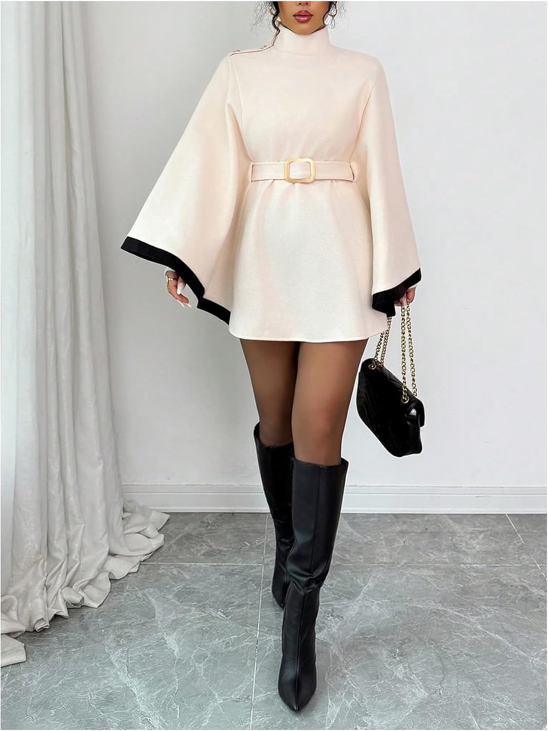 MakeMeChic Women's Mock Neck Poncho Pea Coat Dolman Sleeve Belted Work Office Jacket Overcoat - Image 4