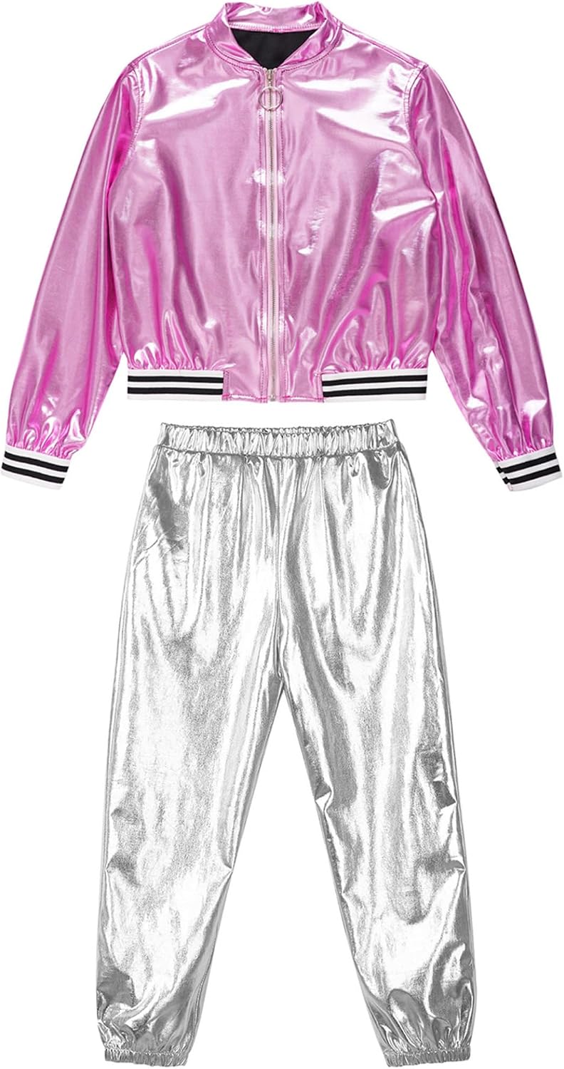 Jugaoge Kids Girls Metallic Dance Outfit Long Sleeve Stand Collar Zipper Jacket with High Waist Pants Performance Outfit Pink&Silver 12 Years