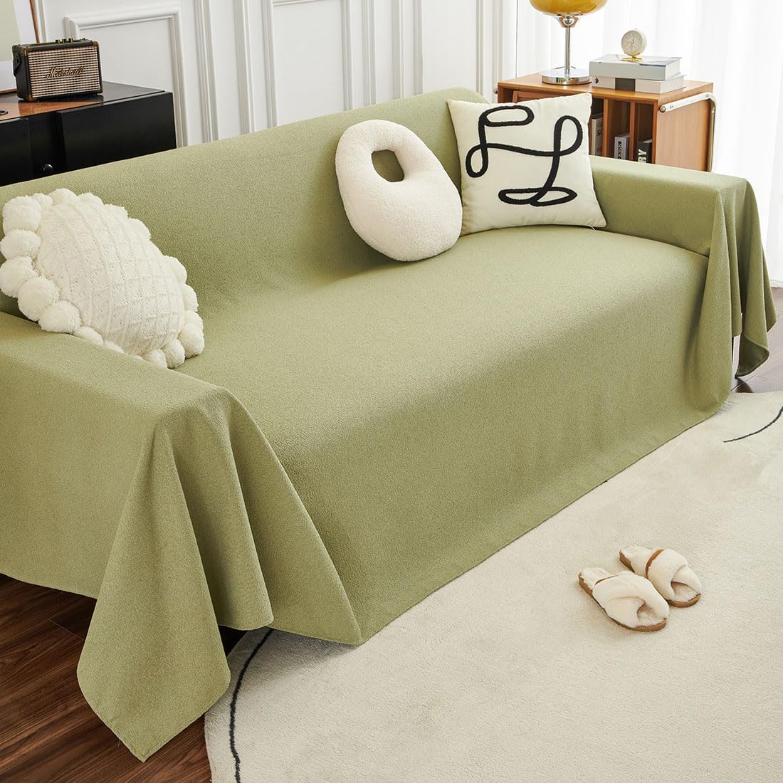 vctops Waterproof Plush Couch Cover Dustproof Universal Fit Sofa Cover Sofa Slipcover Washable Furniture Protector for Dogs, Kids (Green,35"x94")