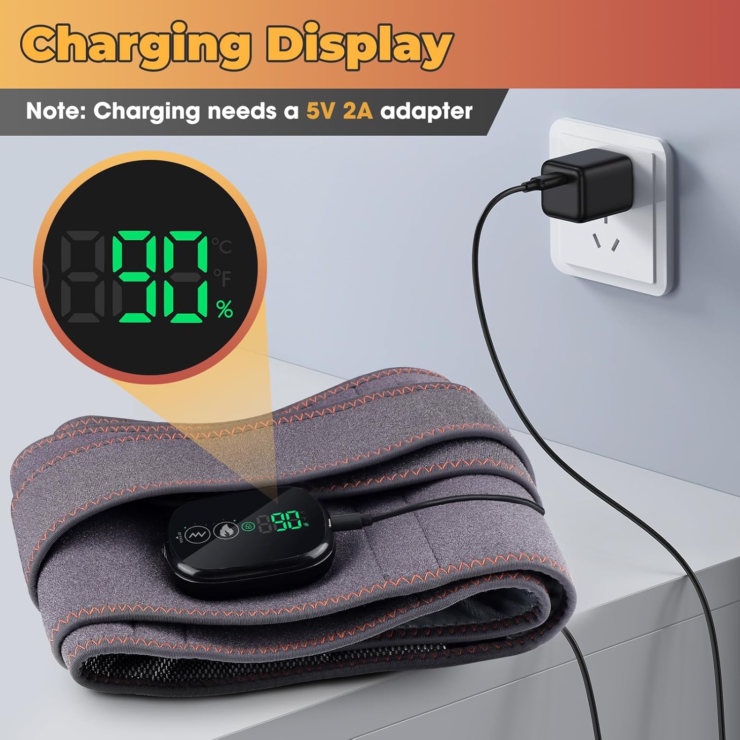 FlareMore heating pad connected to a charger, showing the charging display with percentage.