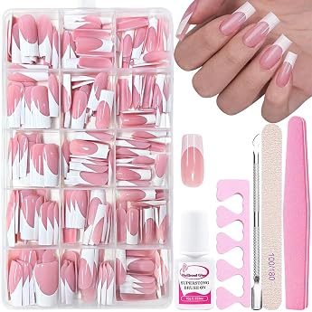 Pack of 240 French Nail Tips Full Cover Nail Tips Press On Nails Artificial Nails Kit Artificial Nails French Tip Design French Fingernails for Nail Extensions Pink Ballerina French
