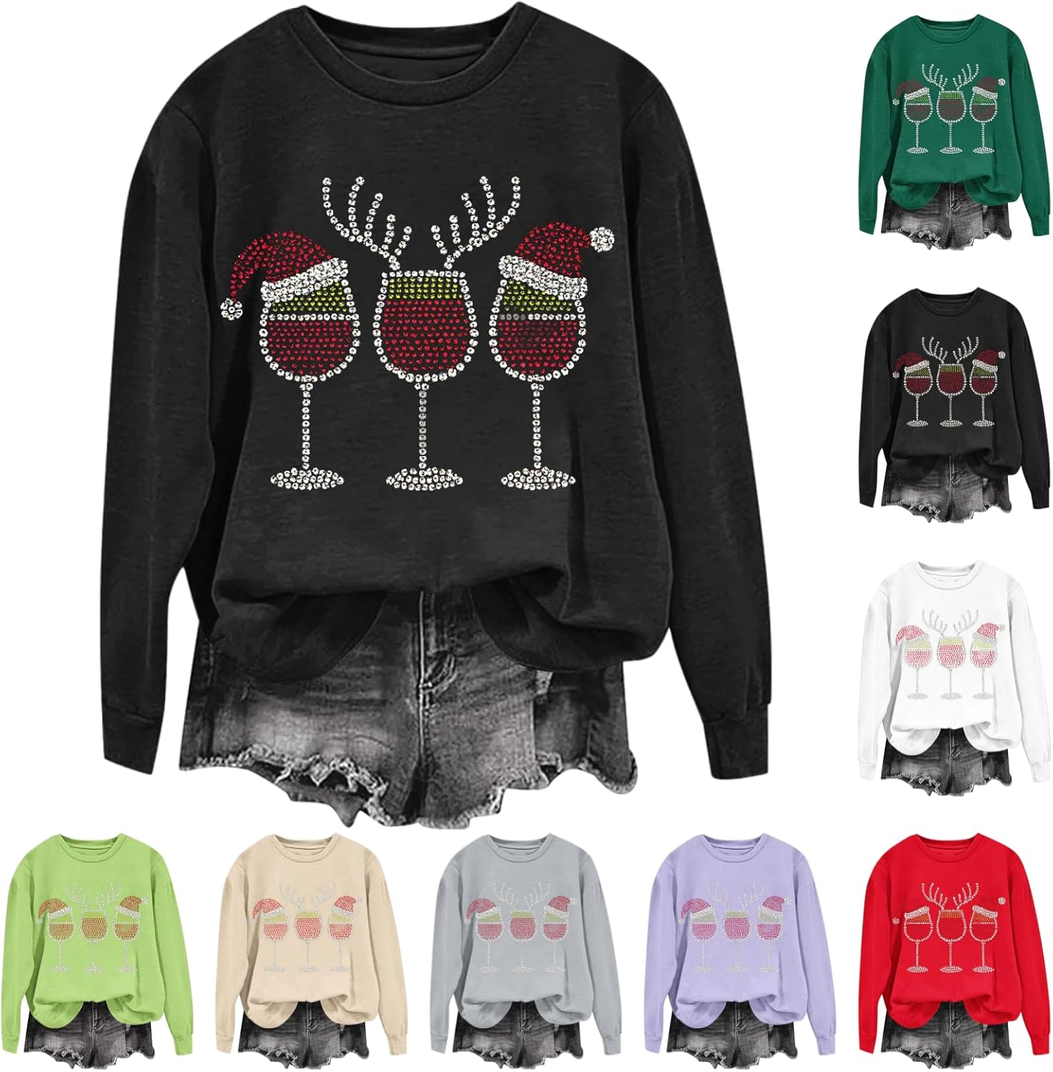 Christmas Sweatshirts for Women Crew Neck Fashion Sweater Red Wine Glass Pullover Graphic Sweatshirt with Rhinestones