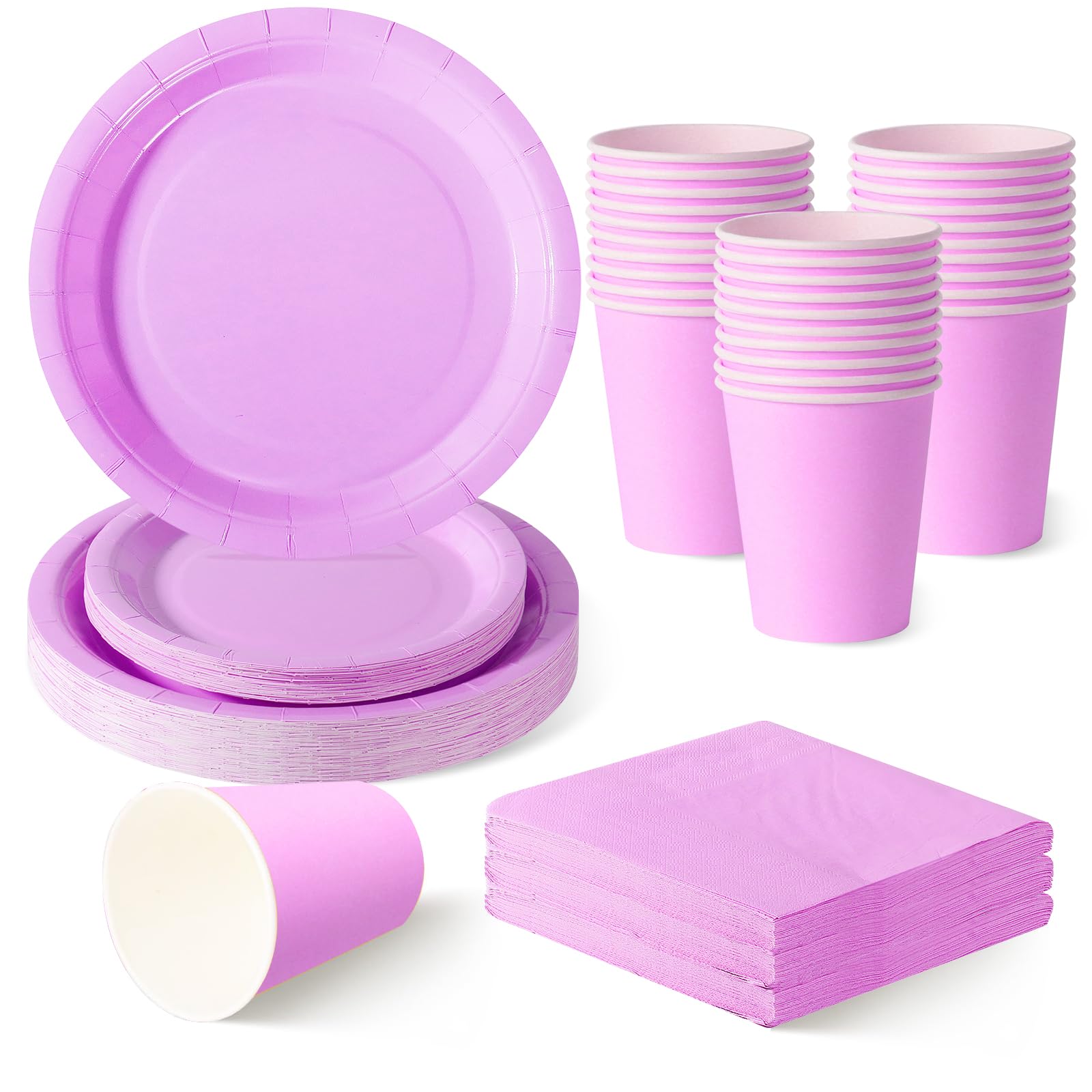 ZblPyro Lilac Party Tableware Set for 30 Guests | A Set of 120 pcs Includes 9" & 7" Round Paper Plates, Cups & Napkins | Baby Shower for Girl, Spring Wedding & Christening