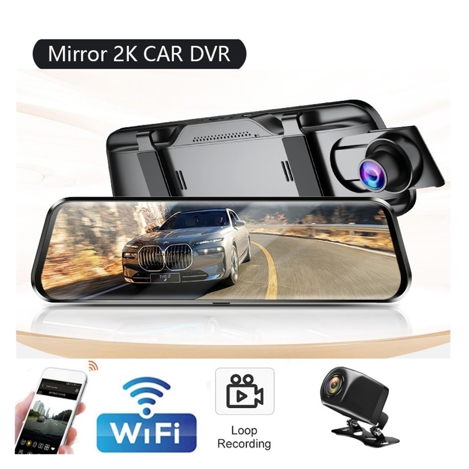 10-calowa kamera lustrzana do samochodowego ekranu dotykowego wideorejestrator wsteczna Dashcam 1440P Wifi 24H Parking DVR czarna skrzynka Super Widzenie Nocne(None)
