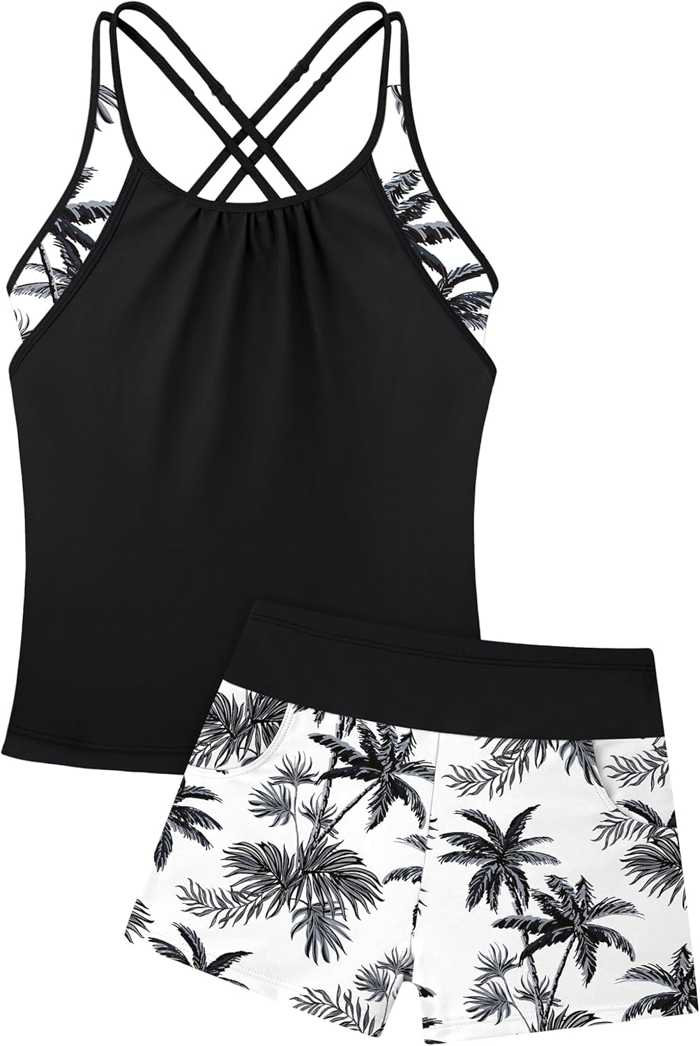 Girls Tankini Swimsuit Two Piece Cross Straps Back Bathing Suits with Pockets Shorts Kids Swimwear Sets 5-16 Years