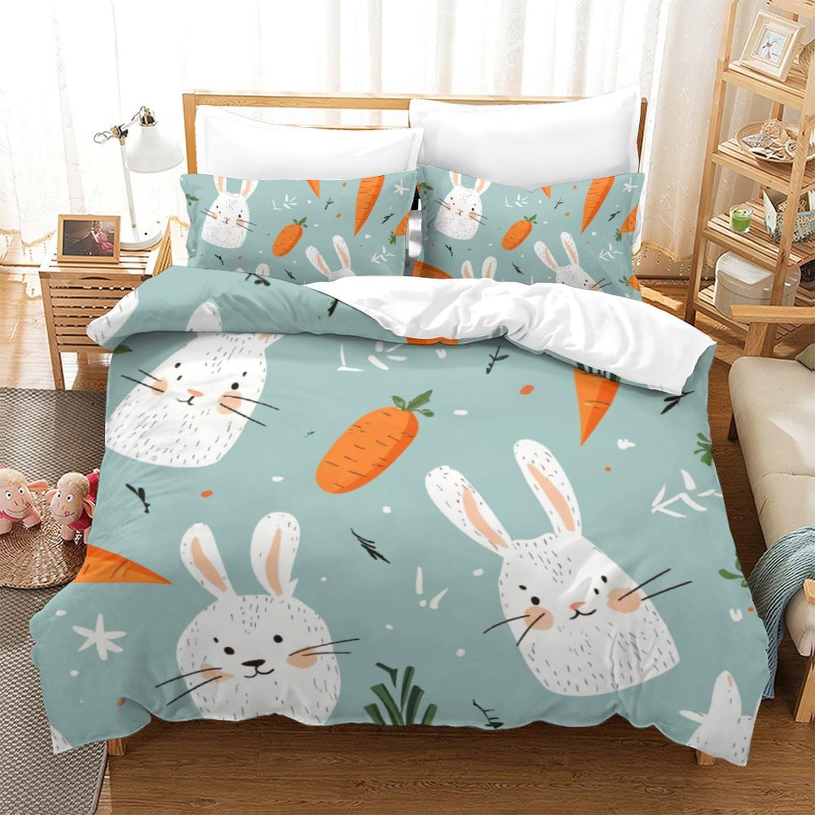 Housse de couette 200x200 lapin avec taies d'oreiller microfibre pour parure de lit