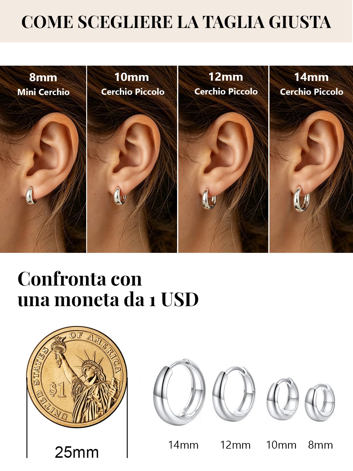 Silvora Orecchini Cerchio Argento 925, Orecchini Piccoli Eleganti a Cerchio Donna Argento Oro Nero 8/10/12/14mm