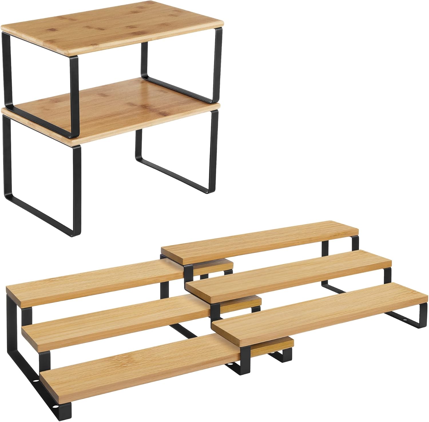 SONGMICS Bamboo Shelf Organizers and Spice Racks Bundle, 2 Sets of 2 Cabinet Organizers, for Kitchen Organization, Natural and Black UKCS02NB and UKCS016N01