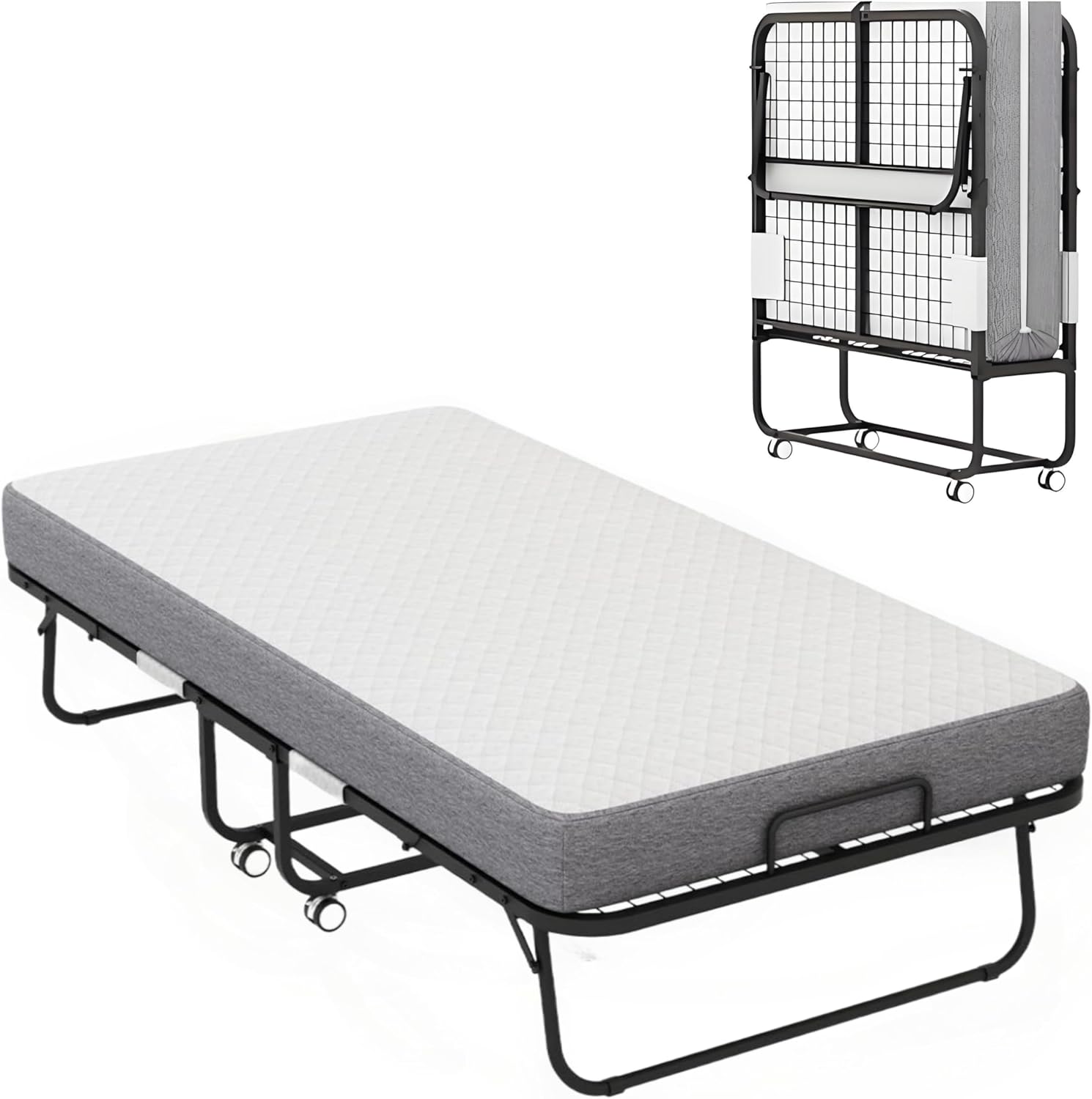 Folding Bed with Adult Mattress, Twin Size, Portable Folding Bed with Deluxe Memory Foam Mattress and Extra Strong Frame, 75 Inches x 38 Inches, Folds, Rolls and Conceals (75”x38”)