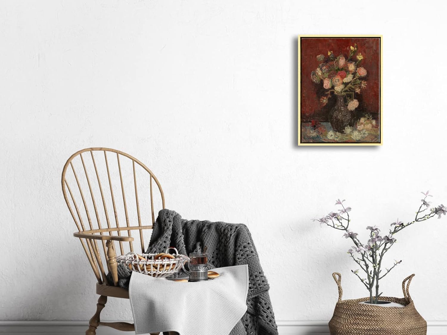 Wieco Art Framed Canvas Wall Art Vase with Chinese Asters and Gladioli by Van Gogh Oil Paintings Modern Abstract HD Canvas Prints Flowers Artwork Pictures for Living Room Wall Decor