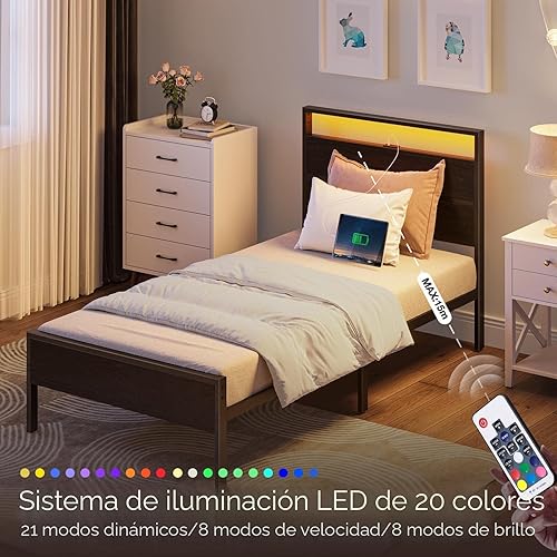 Miniatura 4 de Rolanstar Base de cama individual con cabecero, cama individual con luces LED, cama tamaño individual Camas con estación de carga, listones de metal