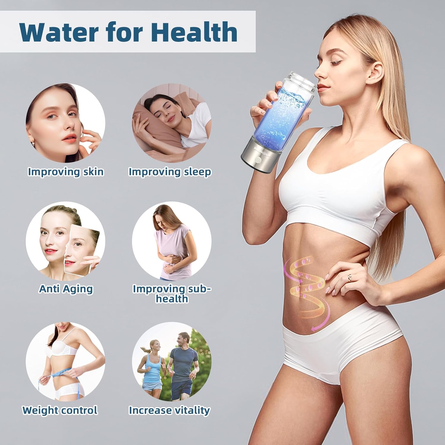 Hydrogen Water Bottle,Hydrohealth Hydrogen Water Bottle,Aqua Fusion Hydrogen Water Generator,SPE PEM Water Filter Pitcher 1800PPB 420ml Water Purifier,Glass Water Ionizer for Gifting(Silver)