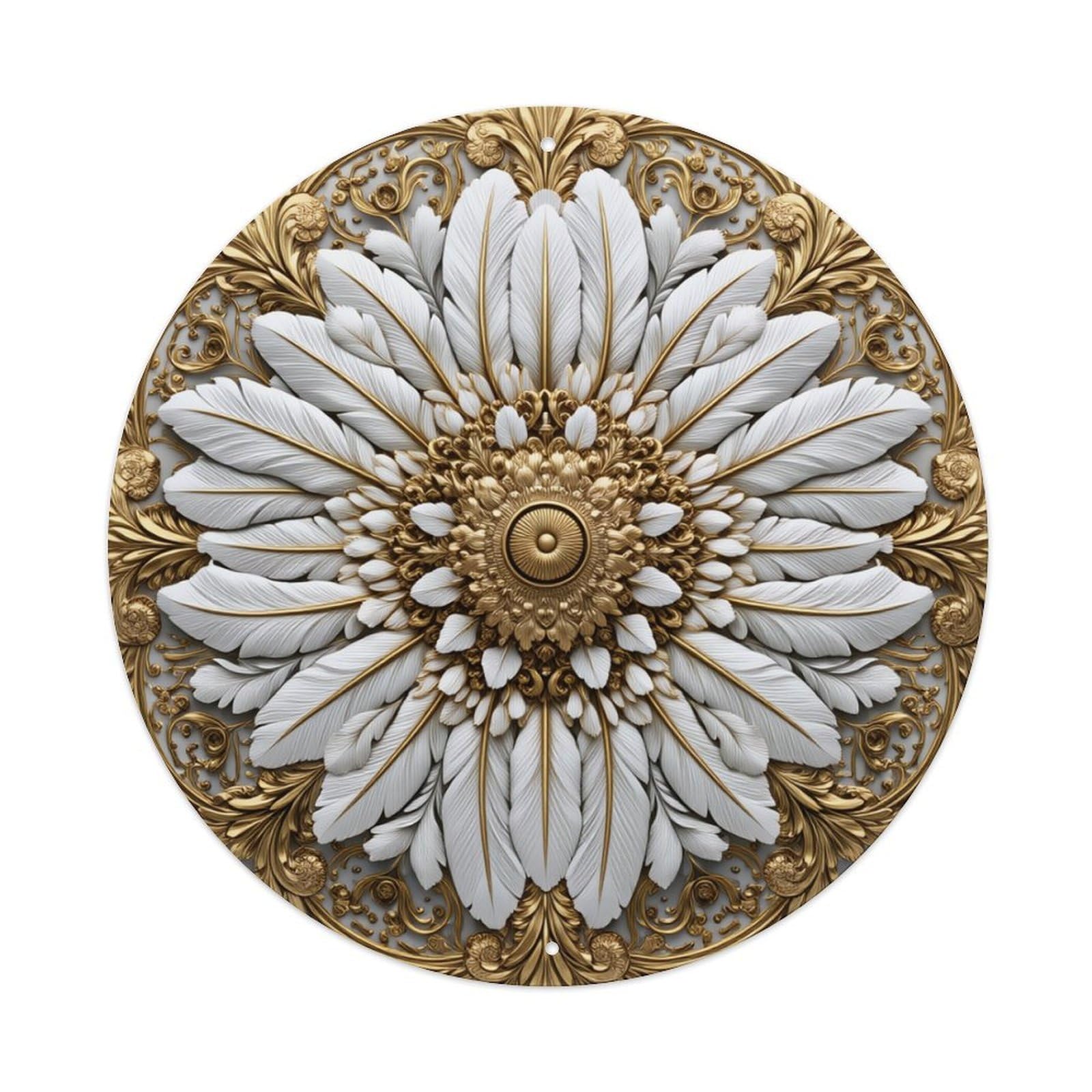 Feather Floral Gold Ornate Circular Round Tin Sign Retro Metal Sign for Cafe Bar Pub Home Game Room Gym Club Wall Decoration Vintage Metal Poster 8x8 Inch