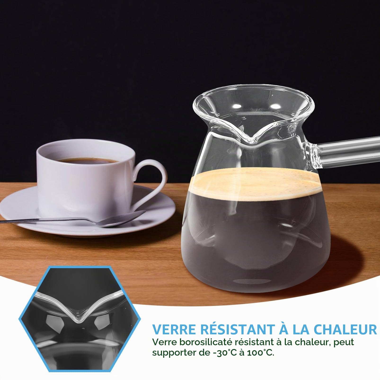Luxshiny Cafetière Turque En Verre Borosilicaté Épais 450Ml Résistante À La Chaleur Poignée Latérale Ergonomique Théière Transparente Pour Café Turc Et Chauffe Lait