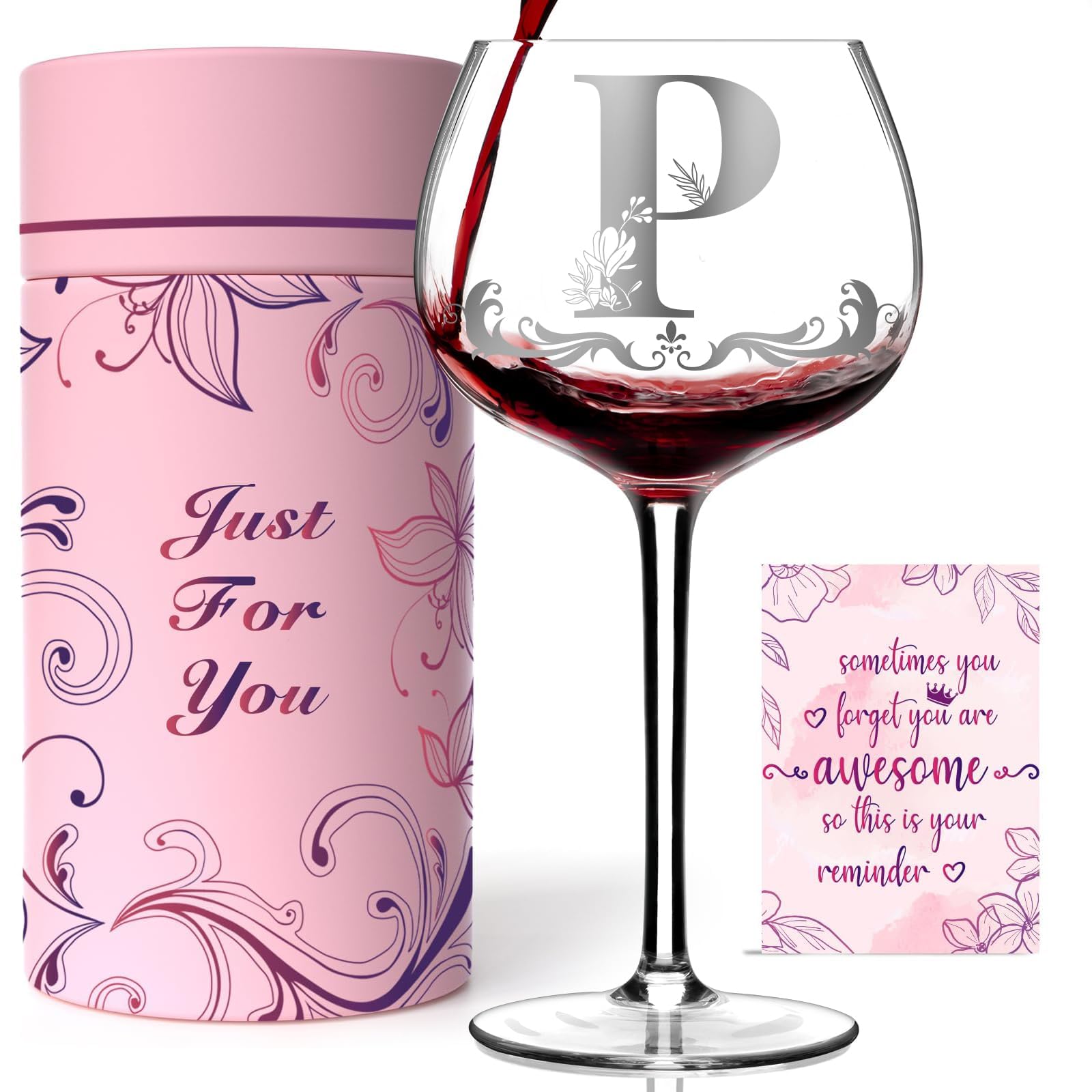 Personalized Monogram Gifts for Women - Customized Initial A-Z Wine Glass, Unique Birthday Gifts for Women, Mom, Wife, Sister, Daughter, Friend (Letter P)