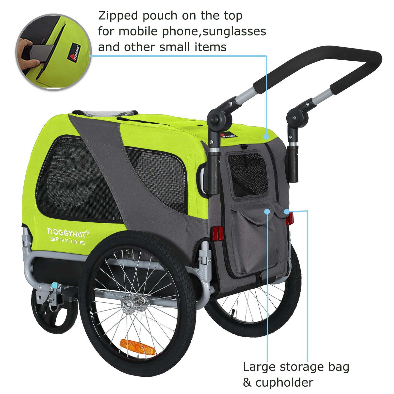 DOGGYHUT® Premium M Hundeanhänger 2-in-1 Hundebuggy & Jogger Fahrradanhänger für Hunde bis 23kg