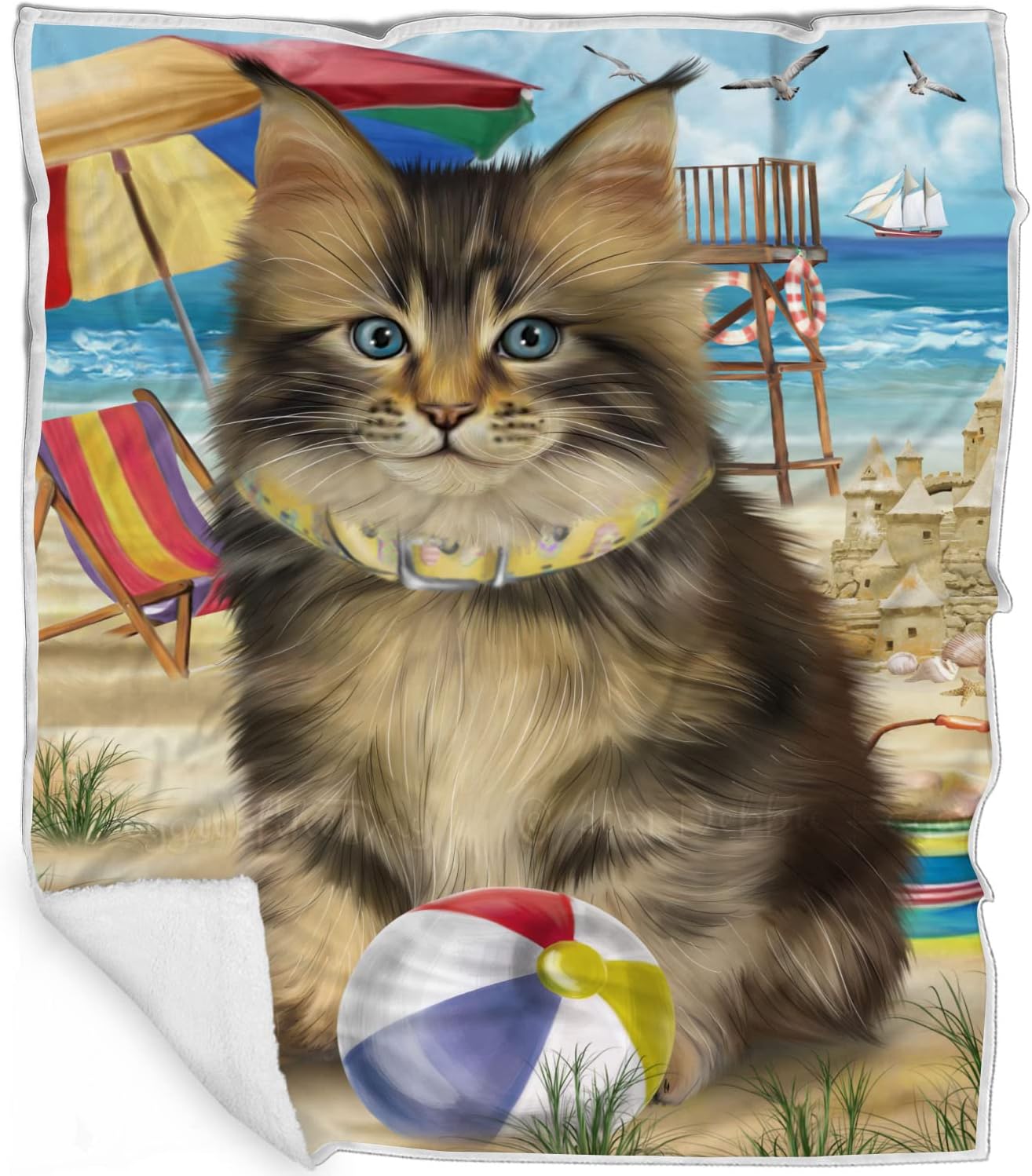 Pet Friendly Beach Maine Coon Cat Blanket - Lightweight Super Soft Cozy and Durable Bed Blanket - Animal Theme Fuzzy Blanket for Sofa Bed Couch BLNKT56311 (30x40 Fleece)