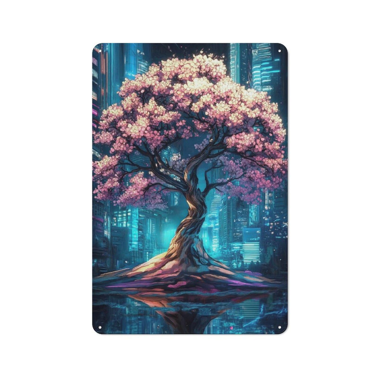 Junmoney Cherry Blossom Cityscape Rustic Metal Sign 30X20cm For Hobby Room Or Studio, Suited To Hobby Room Decor Fans