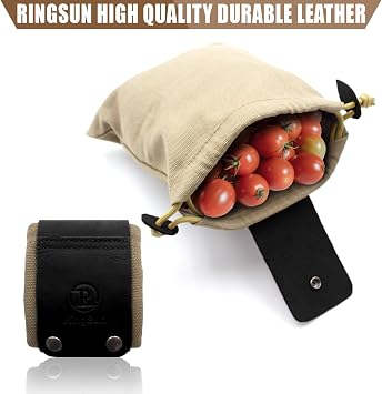 RingSun Waxed Canvas Mushroom Foraging Bag, Collapsible Camping Foraging Pouch, Leather Bushcraft Belt Tinder Dump Pouchs