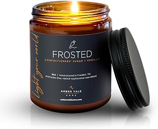 Amber Vale Home Frosted, Confectioners’ Sugar and Vanilla Scented Natural Soy and Coconut Wax Candle, Phthalate Free, Non-Toxic and Healthy Clean Burning, 9oz Jar