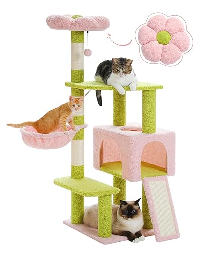 MUTTROS Flower Cat Tree 47.2" Multi-Level Cat Tower with Sisal Covered Scratching Posts, Cute Cat Condo for Indoor Small Medium Cats, Pink Top Perch, Ramp, Fluffy Ball, Pink - 47.2" Flower Cat Tree - Pink