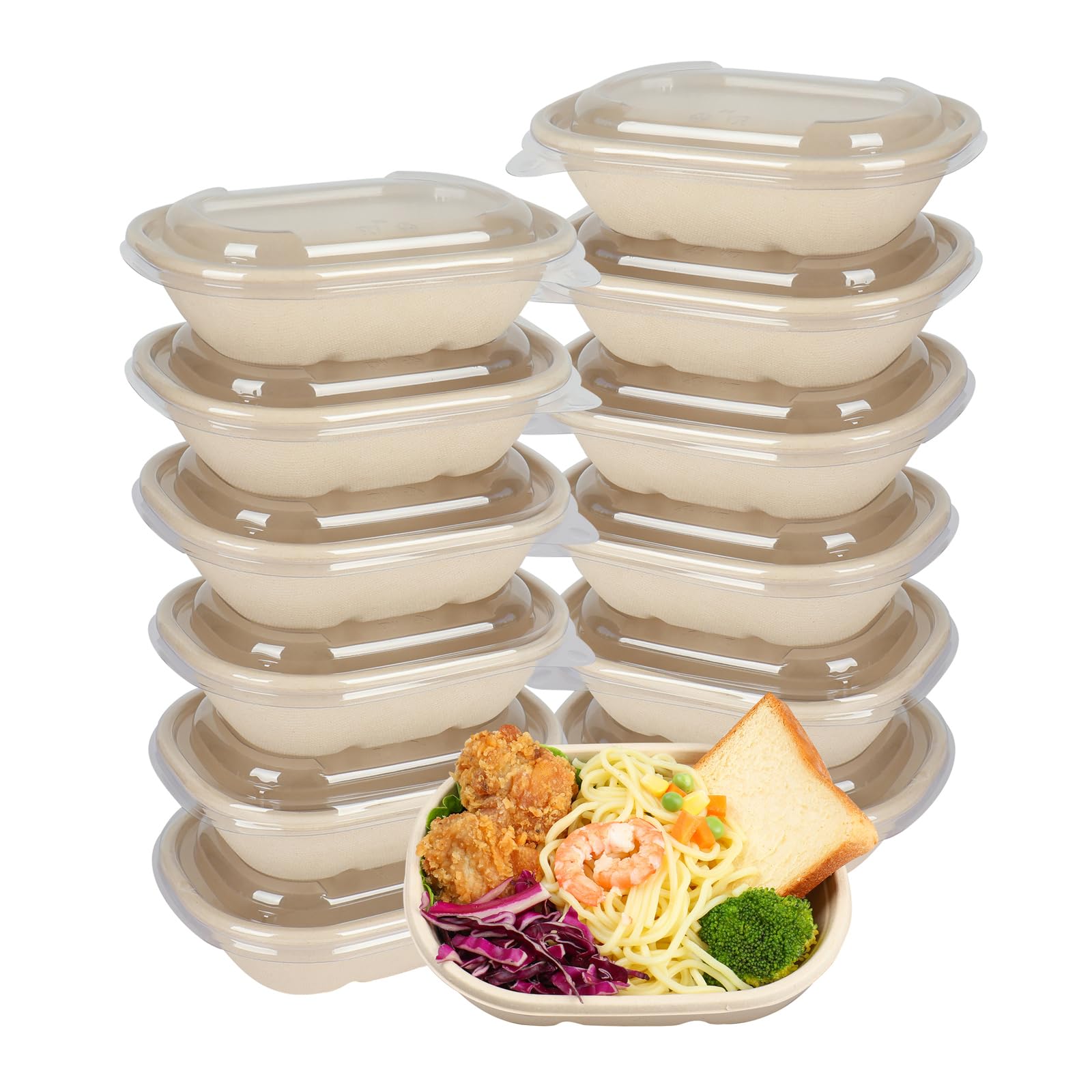 JAYEEY 20 oz Disposable salad bowls with lids, Sugarcane Fiber Paper Bowls take away Bagasse food containers meal prep deli container 50 Pack