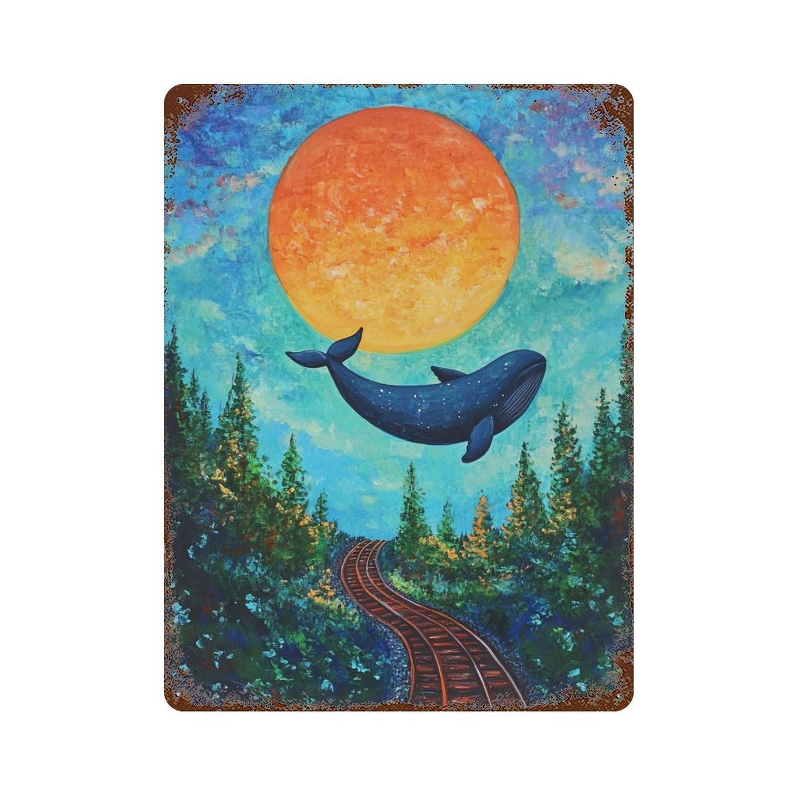Whale on Tracks, Surreal Art Aged Metal Wall Plaque 15.7"x11.8", Rustic Home Decor for Garage, Pub Or Kitchen