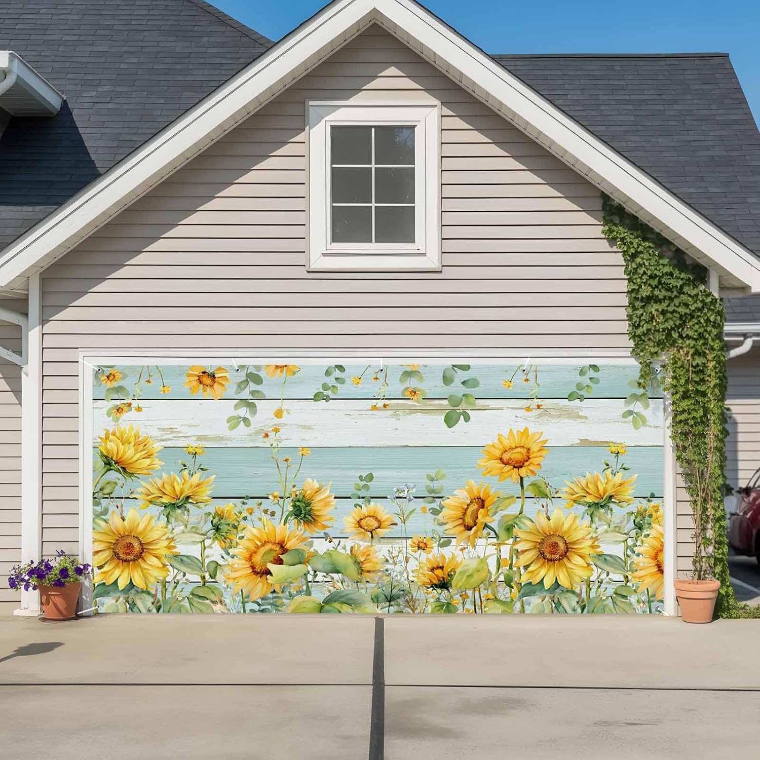 Summer Floral 7 x 8 ft Garage Door Cover Watercolor Sunflowers Leaves Blue Wood Grain Large Decorations Waterproof Banner for Holiday Outdoor Decor