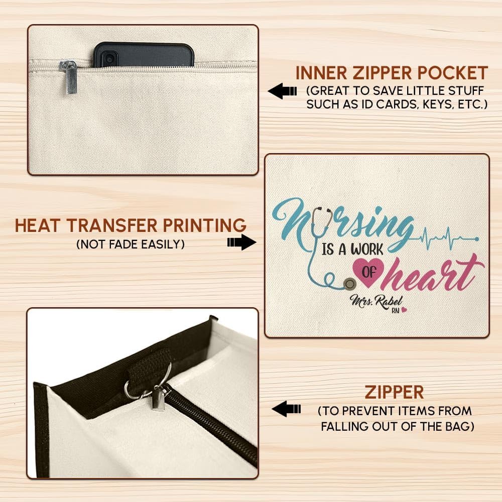 OASSIE パーソナライズドナースギフト 女性用 - 13オンス キャンバストートバッグ ジッパー付き, マルチカラー, 13oz