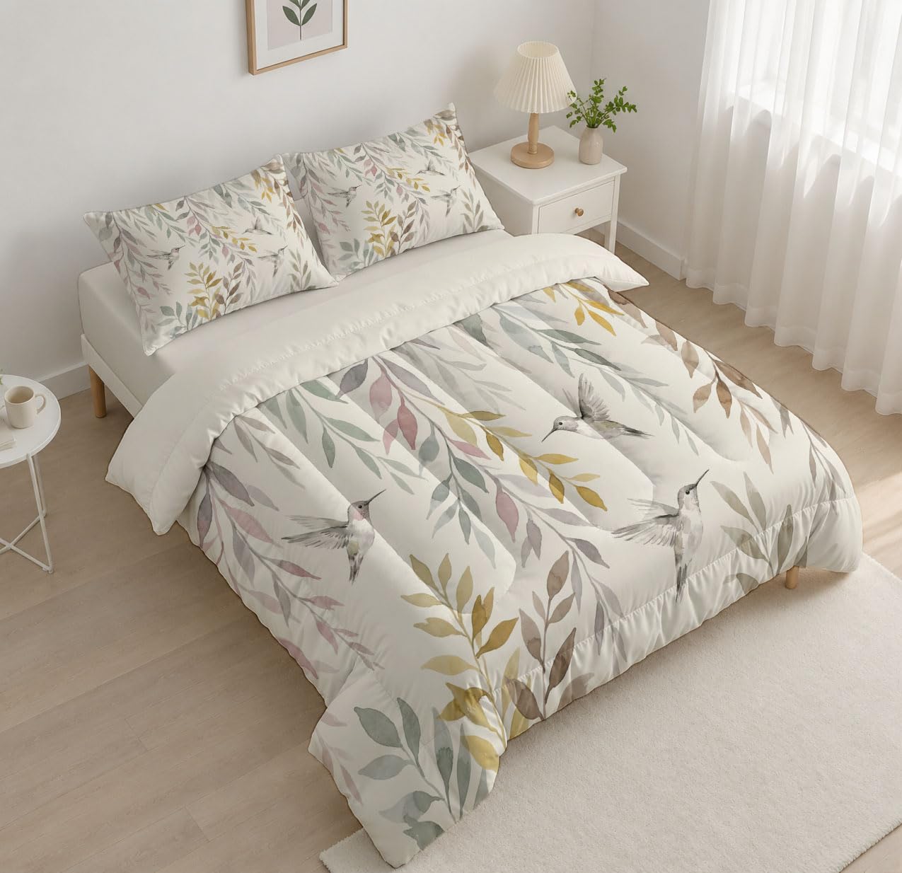 Copriletto Trapuntato Per Bambini Con Semplici Fiori E Uccelli Ad Acquerello | Trapunta Matrimoniale Invernale, Beige, Piumone Caldo Morbido Foglie Verdi Animali Per Decorazione Camera Da Letto