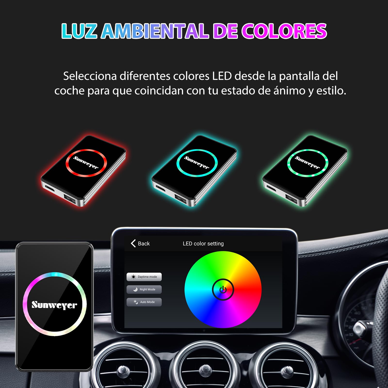 Sunweyer Adaptador inalámbrico CarPlay para Coche, Dispositivo de transmisión Ai Box, Compatible con Netflix, Youtube, Hulu, Disney+, Adaptador Inalámbrico Android Auto, 3 EN 1, Doble WiFi