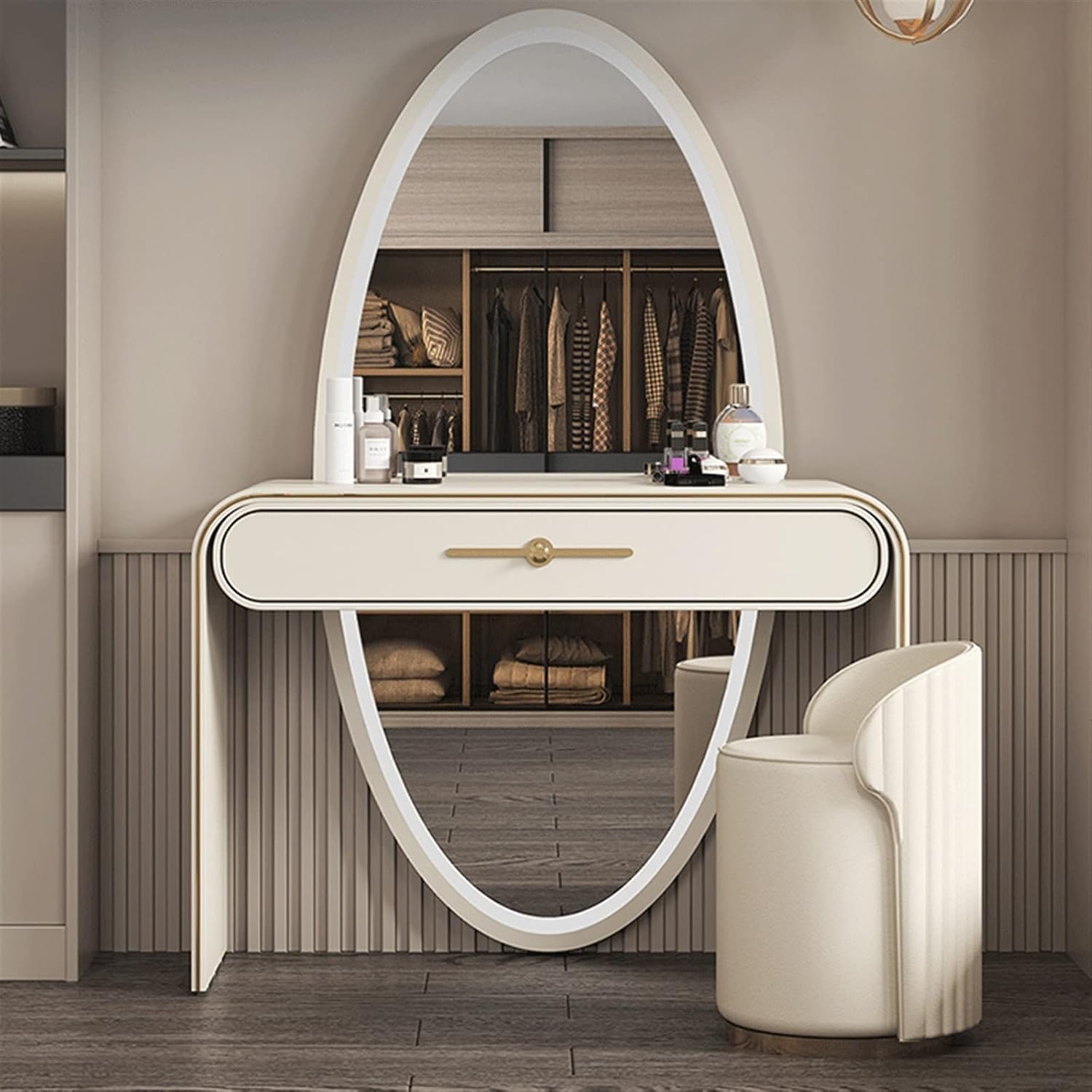 Vanity Dressing Table Set Luxury Makeup Bench with 3 Colors Led Hd Mirror,Comfortable Stool Drawers Cabinet,Modern Simple Style,for Girl's Gift (Size : 100cm) ()