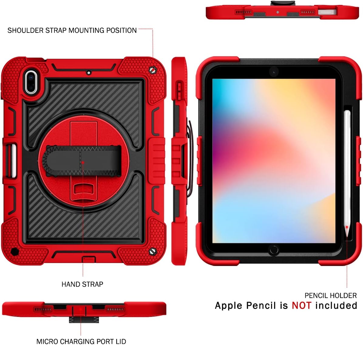 Shockproof Case for iPad (A16) 2025 11-inch, iPad 10th Gen 2022 Carrying Case with Hand Strap+Pencil Holder, Techcircle Heavy Duty Rotating Kickstand Rugged Protective Cover, Red