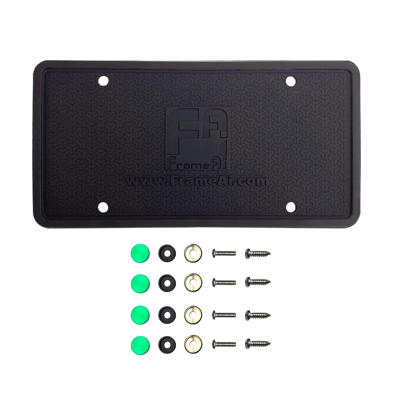 Silicone License Plate Frame Back Guard Holder Rust-Proof Rattle-Proof Weather-Proof + Green Aluminum Screw On Caps Hardware