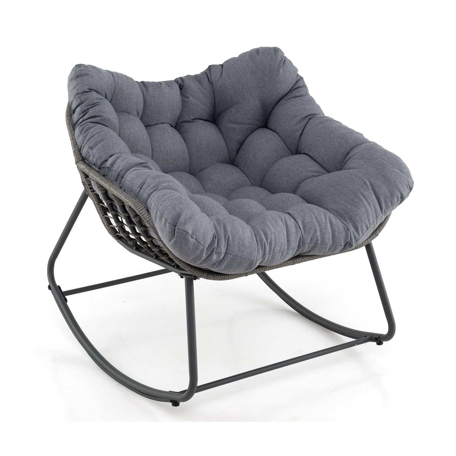 COSTWAY Silla Mecedora para Exteriores, Silla de Huevo de Mimbre PE de Gran Tamaño con Cojín Grueso y Extraíble, Silla de Ratán con Estructura Metálica Resistente para Salon, Balcón, Jardín (Gris)