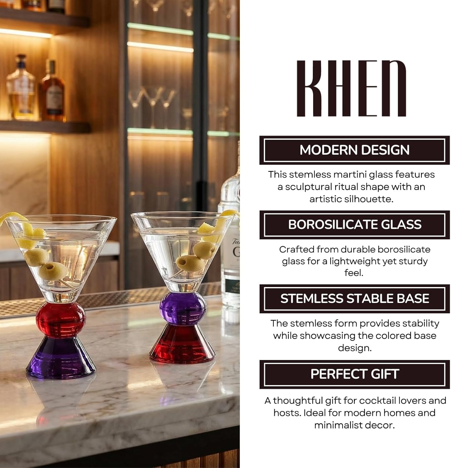 Khen Stemless Martini Ritual Glassware, Set of 2, 5oz Clear Borosilicate Cocktail Cups with Blue and Red Colored Bases for Vodka Gin Mixology, Modern Minimalist Home Bar Entertaining Gift