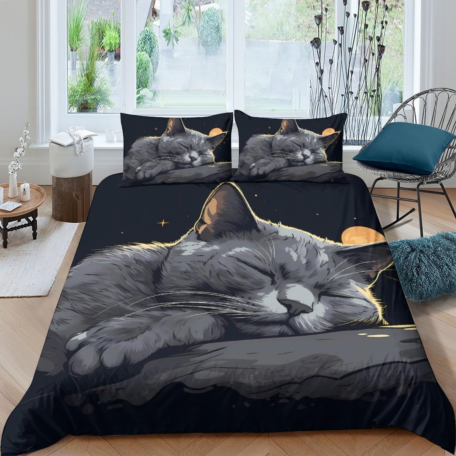 Ctjqhvkz Style-1 3D Printed Sleeping Cat Fitted Sheet Microfiber Soft Black Moon Bed Sheet Anti-Slip Machine Washable For Bedroom Single（135X200cm）