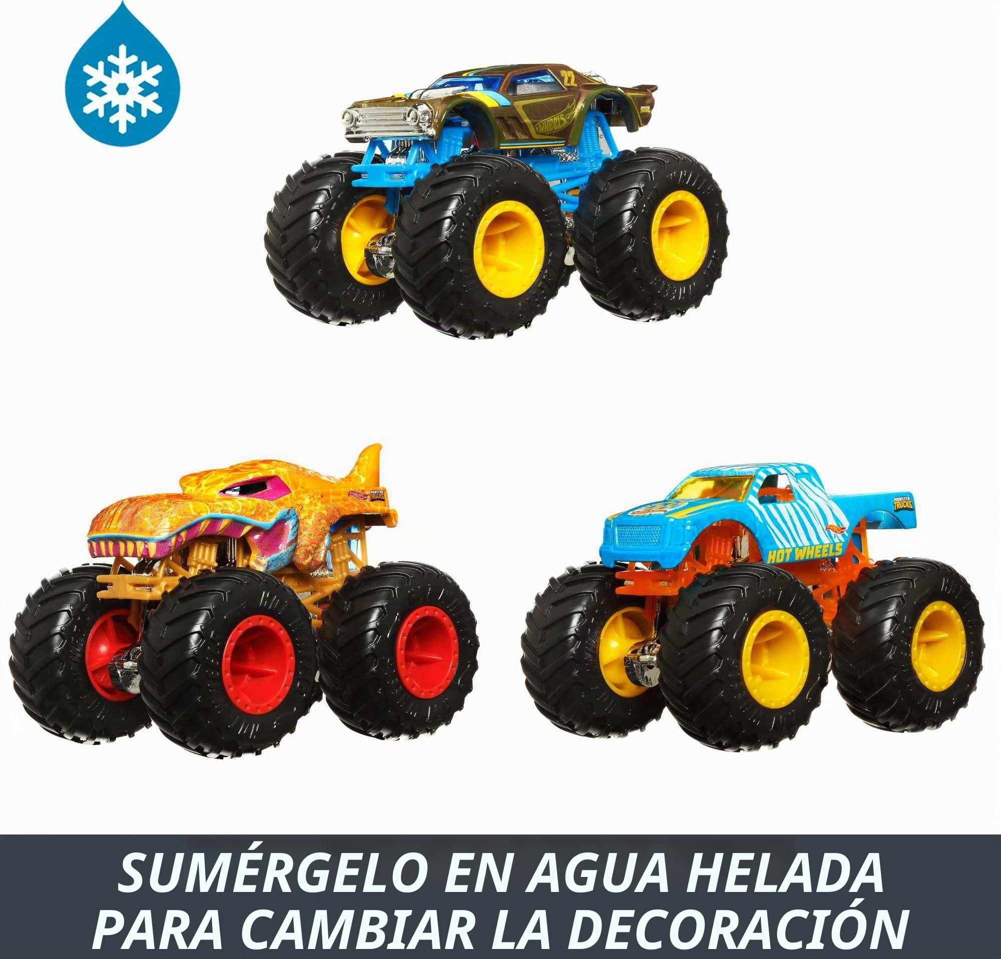 Hot Wheels Monster Trucks Color Shifters Pack 3 Coches de Juguete Que cambian de Color con Agua, +4 años (Mattel HGX20)