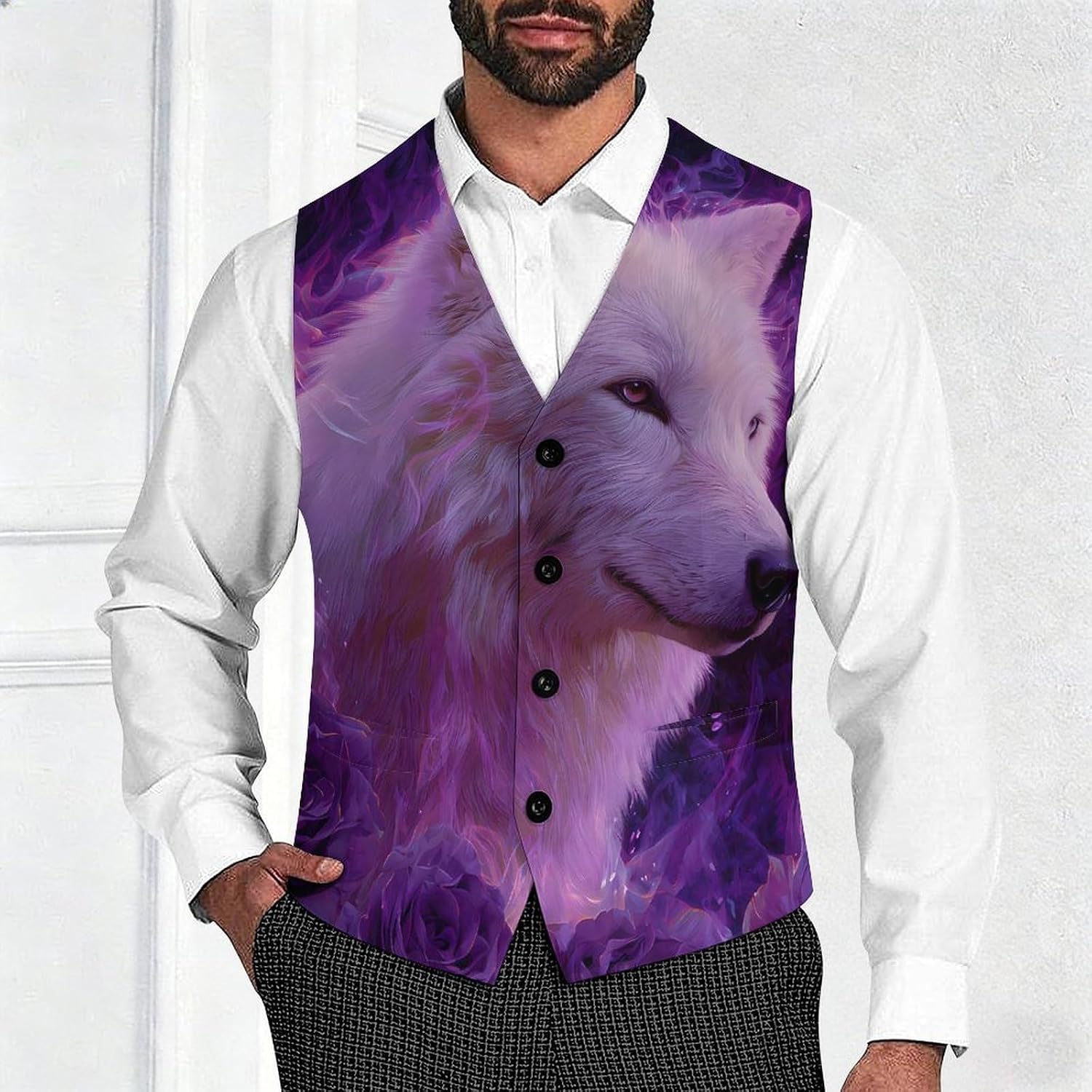 Wolf Rose Flame Men's Suit Vest Formal Vests Casual Dress Fit Waistcoat Casual Tuxedo for Business