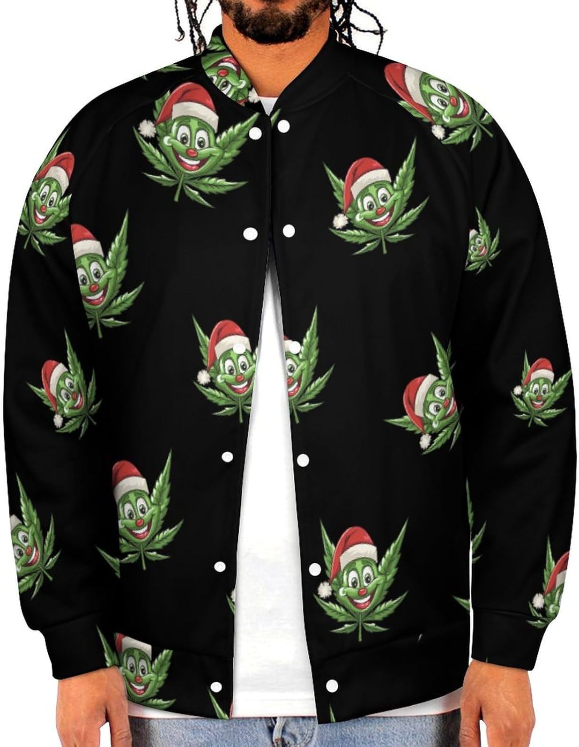 Christmas Weed Pot Novelty Men's Baseball Jackets Causal Sweatshirt Button Top Long Sleeve Coat