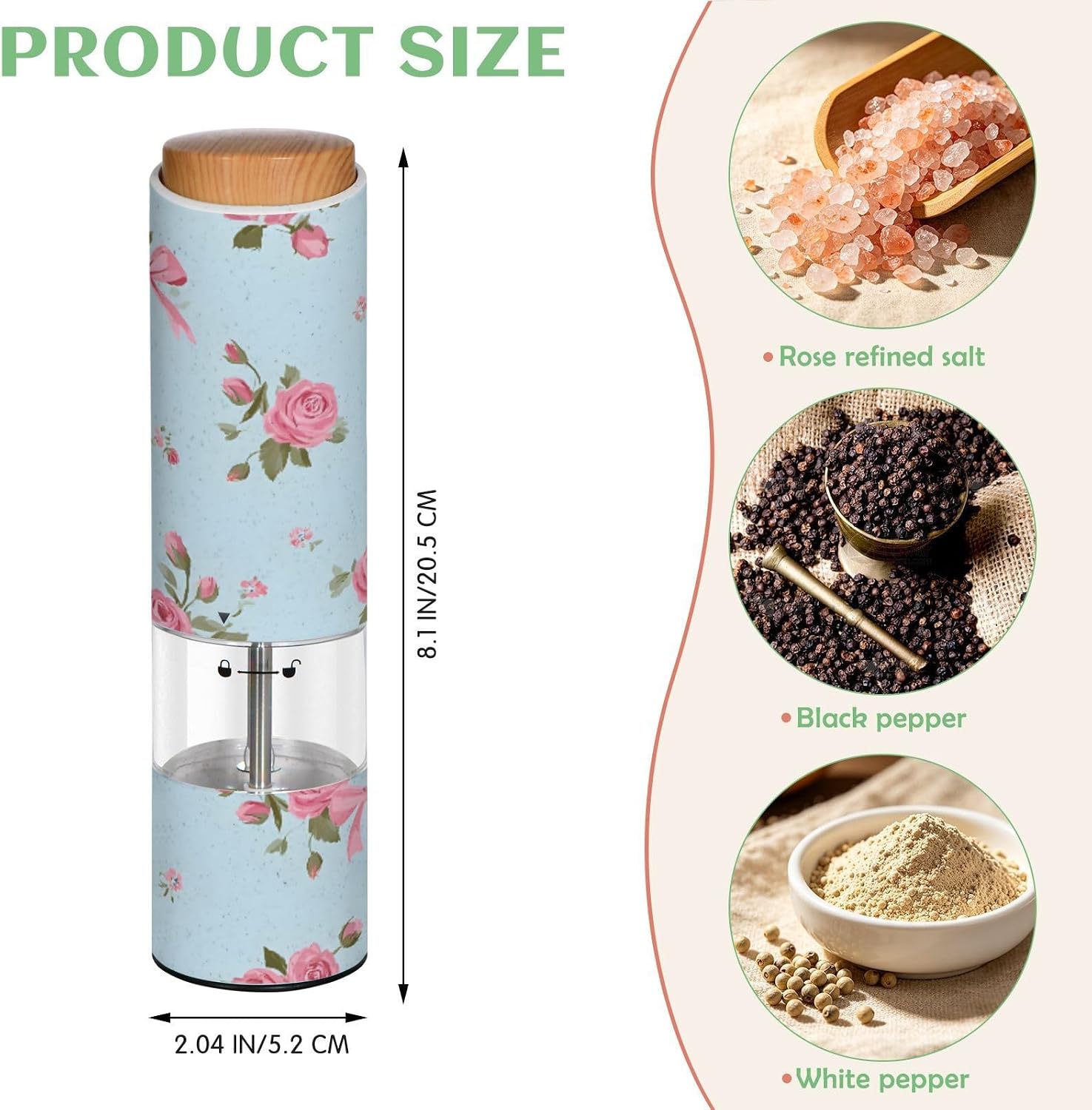 ALAZA Electric Pepper Grinder with Adjustable Coarseness, Rose with Bow Battery Automatic Salt and Pepper Mill with Led, One-Handed Operation Spice Grinder for Kitchen, Camping & BBQ