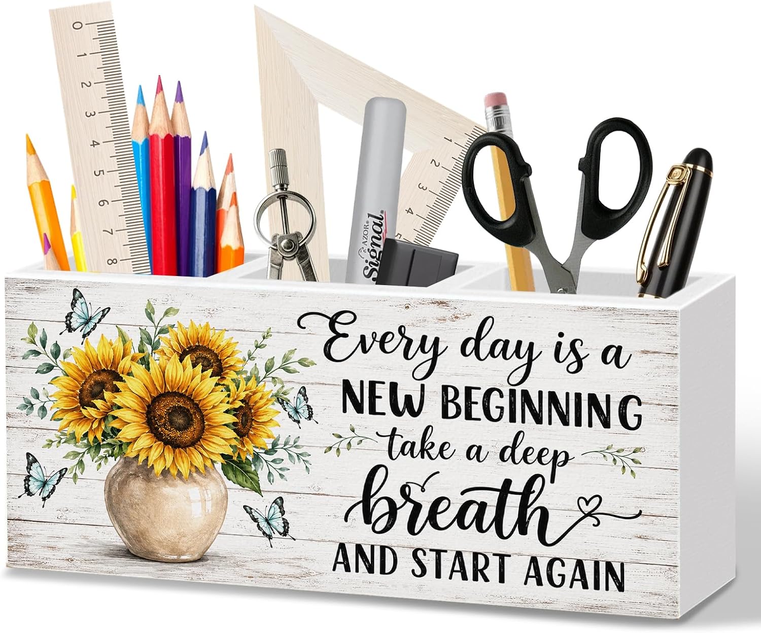 WODMIS Inspirational Floral Butterfly Pen Pencil Holder for Desk