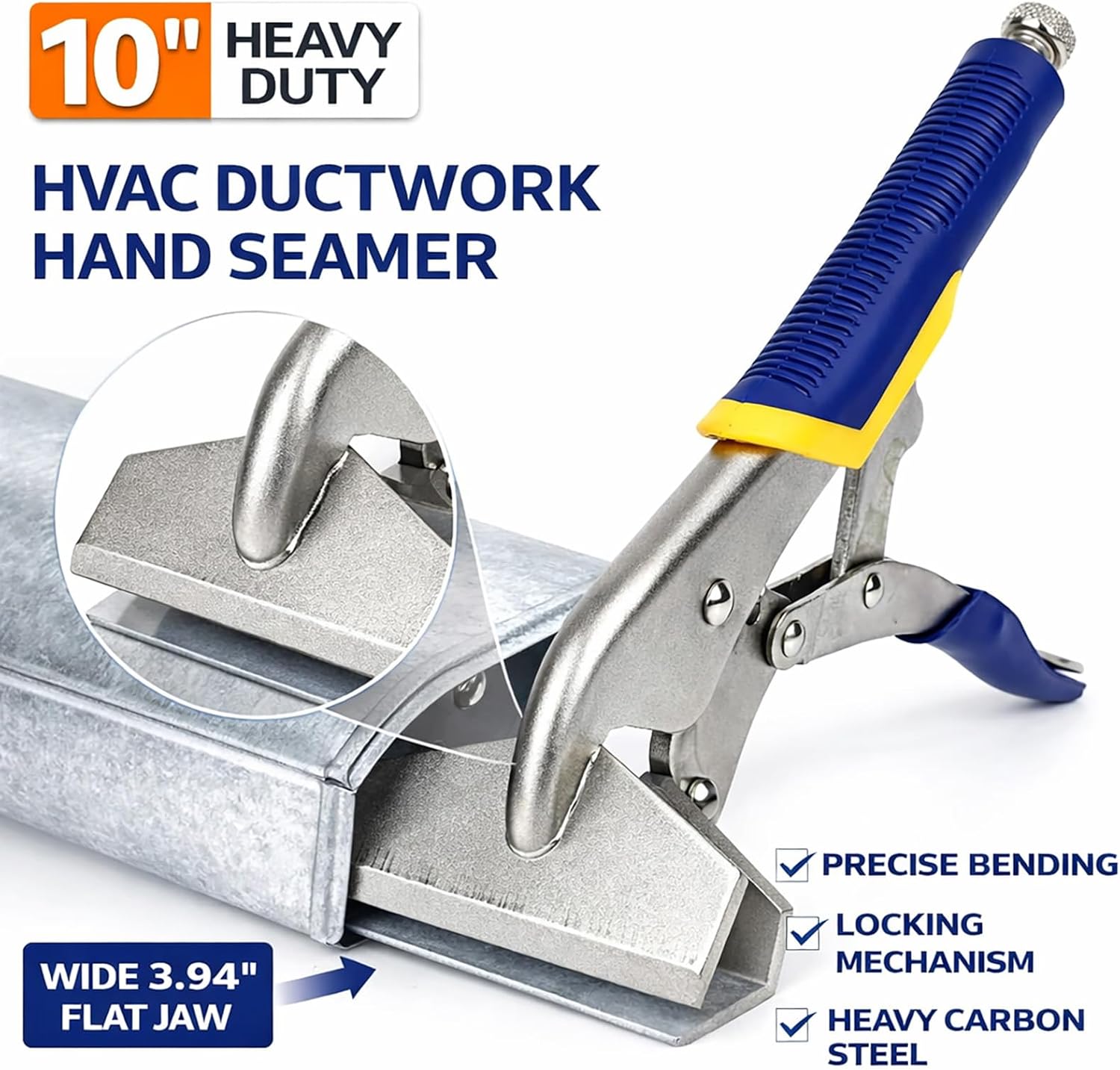 10 Inch Hand Seamer, Sheet Metal Bending Tool with Locking Mechanism, High Carbon Steel Duckbill Pliers for HVAC Duct, Roofing & Metal Folding, Flat Jaw Seamer Clamp Heavy Duty