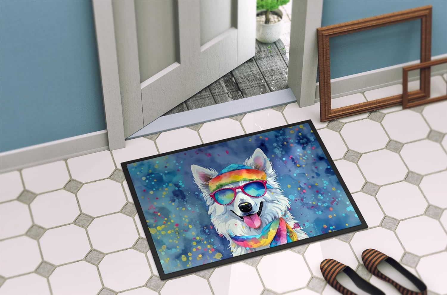 Caroline's Treasures DAC2453JMAT American Eskimo Hippie Dawg Indoor or Outdoor Mat 24x36 Front Door Mat Indoor Outdoor Rugs for Entryway, Non Slip Washable Low Pile, 24H X 36W
